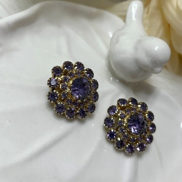 WEISS FAUX AMETHYST RHINESTONE CLIP EARRINGS - Picture 5 of 9